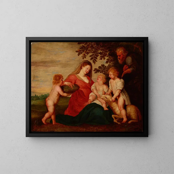 den heliga familjen med det heliga barnet Johannes Döparen och en ängel - Skola av Peter Paul Rubens — inramlat konstverk på väggen