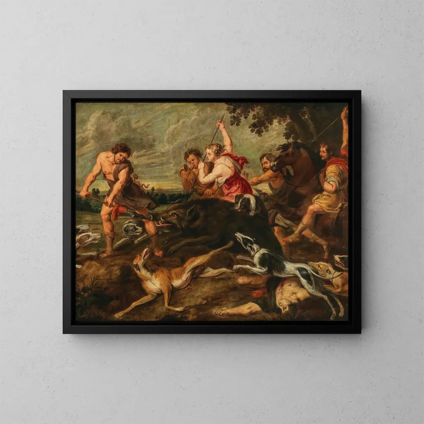 Méléagre och Atalante jagar vildsvinet i Calydon - Peter Paul Rubens skola — inramlat konstverk på väggen