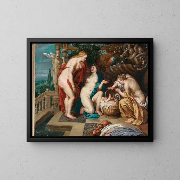 Les filles de Cécropios découvrant l'enfant Érichthonios - Ecole de Peter Paul Rubens — inramlat konstverk på väggen