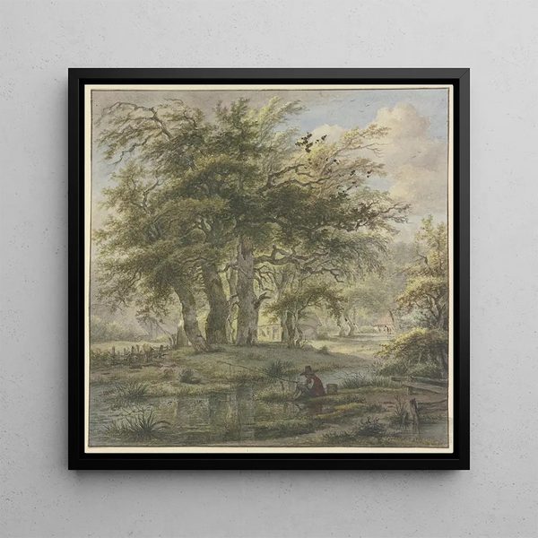 Forêt de chênes avec quelques huttes au premier plan, un pêcheur - Jan Hulswit