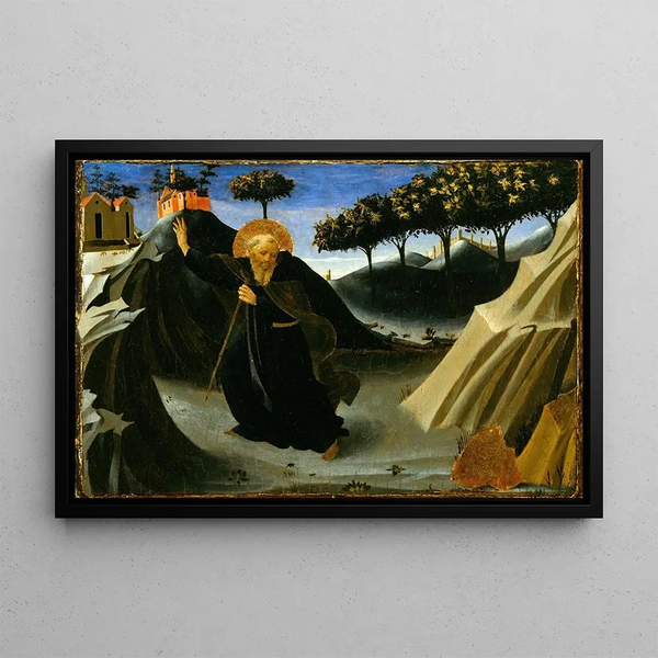 Saint Antoine abbot som flyr guldmassan - Fra Angelico — inramlat konstverk på väggen
