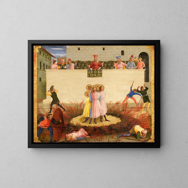 helgonen Côme och Damien och deras överlevande bröder vid bål - Fra Angelico — inramlat konstverk på väggen