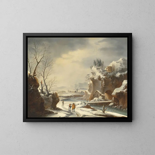 Francesco Foschi - A snowy landscape with travellers by a river.webp