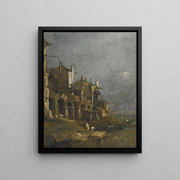 Ett kustlandskap av Capriccio med figurer på stranden under en båge - Francesco Guardi — inramlat konstverk på väggen