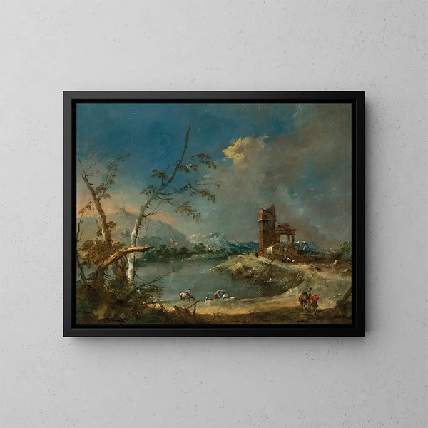 En nyckfullhet av ett rustikt torn vid en sjö - Francesco Guardi — inramlat konstverk på väggen
