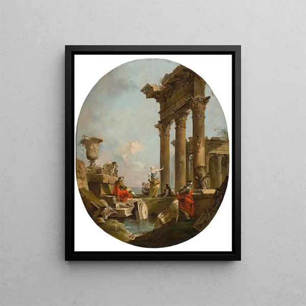 Ett arkitektoniskt infall med figurer bland klassiska ruiner Ett tempel bortom - Francesco Guardi — inramlat konstverk på väggen
