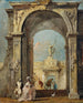 Ett arkitektoniskt infall med elegant klädda personer och en hund vid ingången till ett palats - Francesco Guardi — vy av konstverket