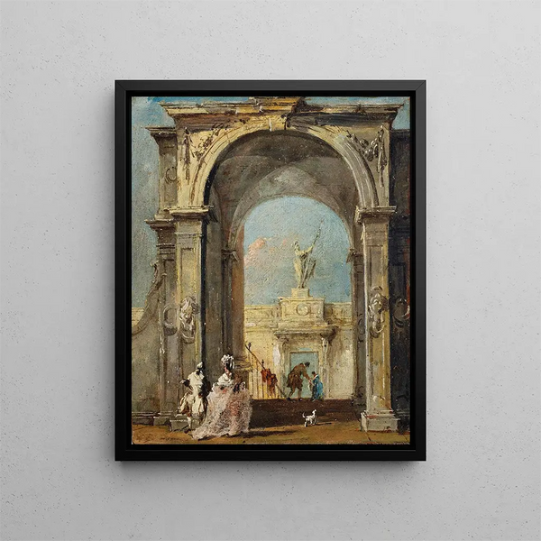 Ett arkitektoniskt infall med elegant klädda personer och en hund vid ingången till ett palats - Francesco Guardi — inramlat konstverk på väggen