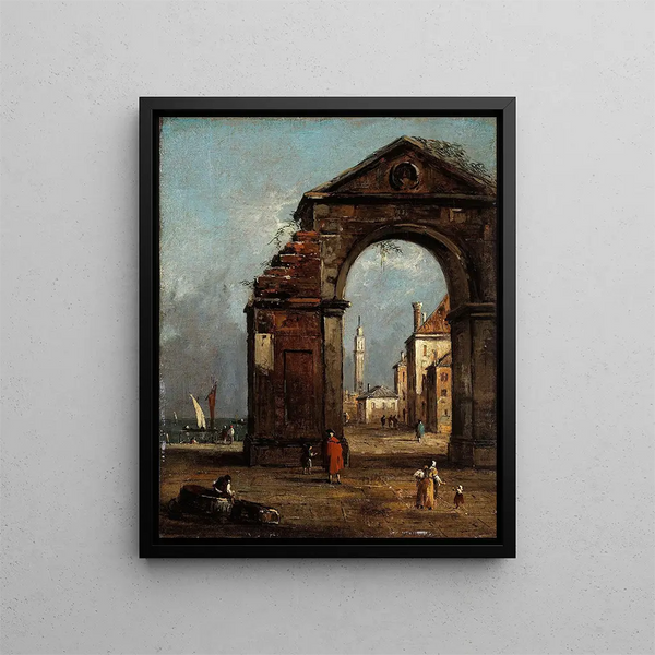 Caprice med triumfbåge i ruiner och landskap vid lagunens kant - Francesco Guardi — inramlat konstverk på väggen