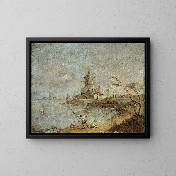 Caprice rustique med torn vid vattnet - Francesco Guardi — inramlat konstverk på väggen