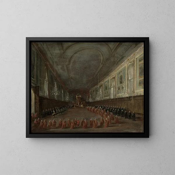 påven Pius VI som lämnar tronen för att ta farväl av dogen i SS Giovanni e Paolo-salen 1782 - Francesco Guardi — inramlat konstverk på väggen
