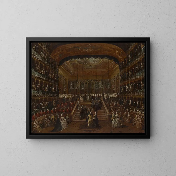 L'intérieur du Teatro San Benedetto à Venise lors du bal de 1782 en l'honneur des Conti del Nord - Francesco Guardi — inramlat konstverk på väggen