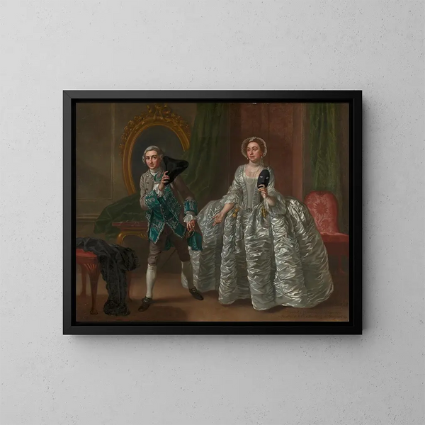 David Garrick och Mme Pritchard i Le Mari suspicieux av Benjamin Hoadly - Francis Hayman — inramlat konstverk på väggen