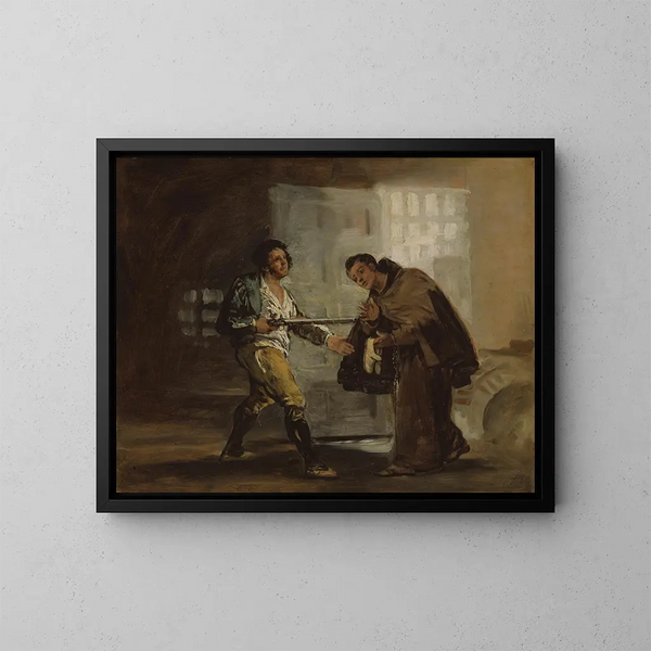 Le frère Pedro erbjuder skor till El Maragato och förbereder sig för att avlägsna sitt vapen. - Francisco de Goya — inramlat konstverk på väggen