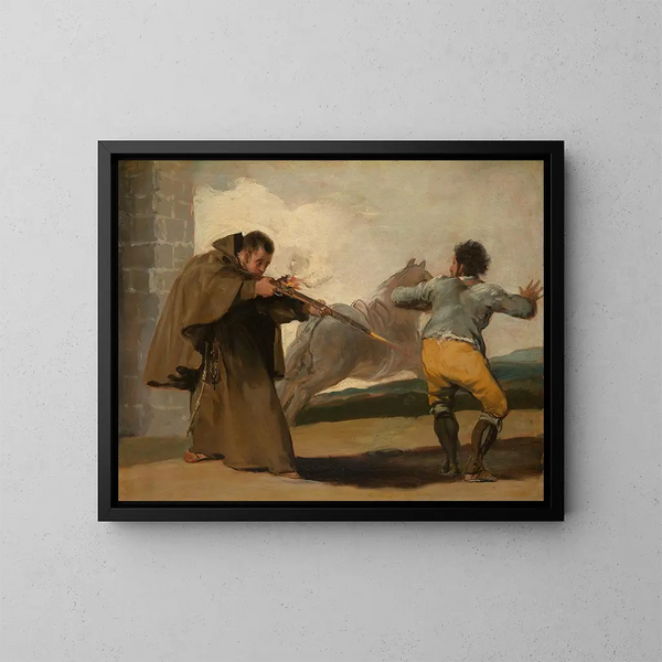Le frère Pedro skjuter på El Maragato medan hans häst flyr - Francisco de Goya — inramlat konstverk på väggen