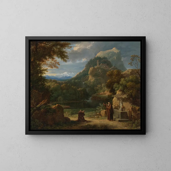 Saint Antoine de Padoue som visar två noviser för bröder i ett bergslandskap - François-Xavier Fabre — inramlat konstverk på väggen