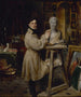 Jean-Pierre Dantan, 1800-1869, i sitt verkstad som formar busten av Lépaulle - François-Gabriel-Guillaume Lépaulle — vy av konstverket