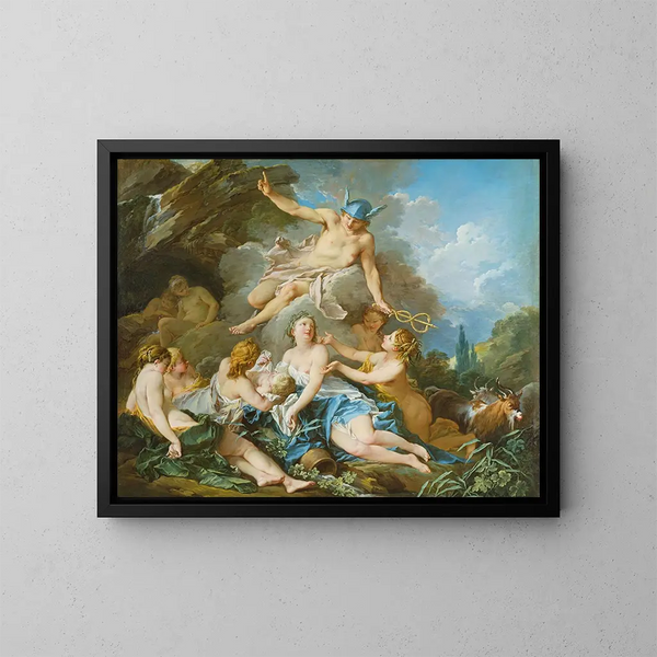 den självsäkra Mercure som tröstar den unge Bacchus med nymferna - François Boucher — inramlat konstverk på väggen