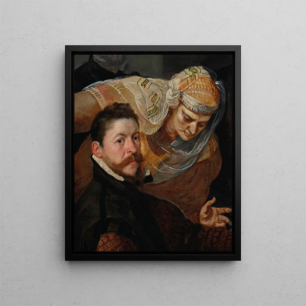 Porträtt av en konstnär sittande med en kvinna lutad över hans axel - Frans Floris — inramlat konstverk på väggen