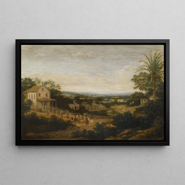 Frans Post - A Landscape In Brazil Looking Down On The Varzea Europeans And Natives Approaching A Church In The Foreground.webp