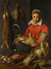 En handelsflicka som håller en tupp med vilt, sparris, kronärtskockor, köksredskap och en skål med vildjordgubbar - Frans Snyders — vy av konstverket