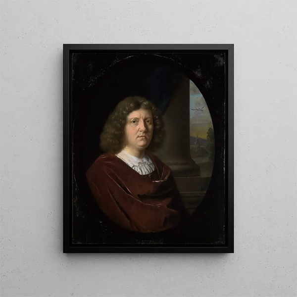 Portrait av en gentleman i röd rock - Frans van Mieris den äldre — inramlat konstverk på väggen