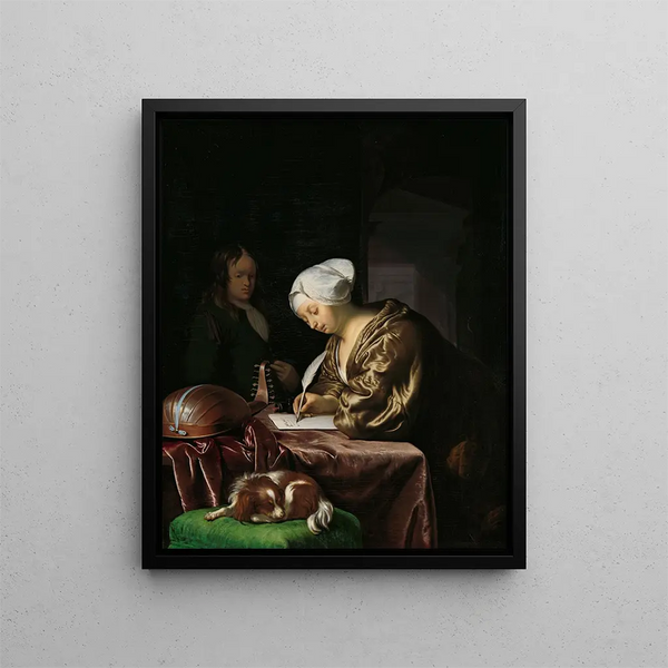 Litteraturens konsttryck av Frans van Mieris den äldre — inramlat konstverk på väggen