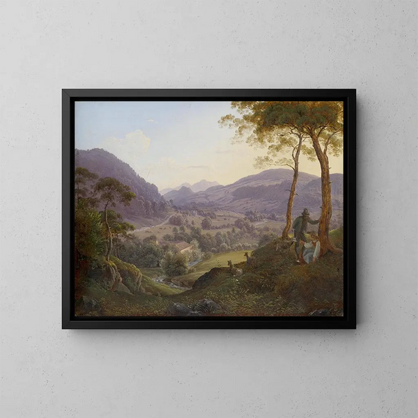 landskapsbild av berg nära Salzburg med ett ungt par - Franz Ludwig Catel — inramlat konstverk på väggen
