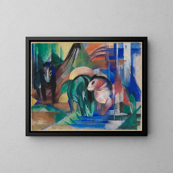 Tre hästar vid skogsbäcken - Franz Marc — inramlat konstverk på väggen