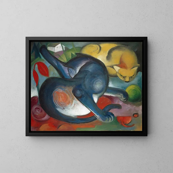 Två blå och gula katter - Franz Marc — inramlat konstverk på väggen