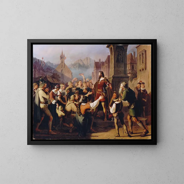 Le duc Frédéric IV utklädd till minnespelare avslöjas för sina trogna Tyrolare när han flyr från Konstanz - Franz Schams — inramlat konstverk på väggen