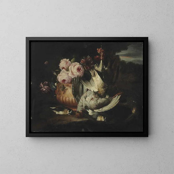 Blommor i en lerkruka med dött vilt - Franz Werner von Tamm — inramlat konstverk på väggen