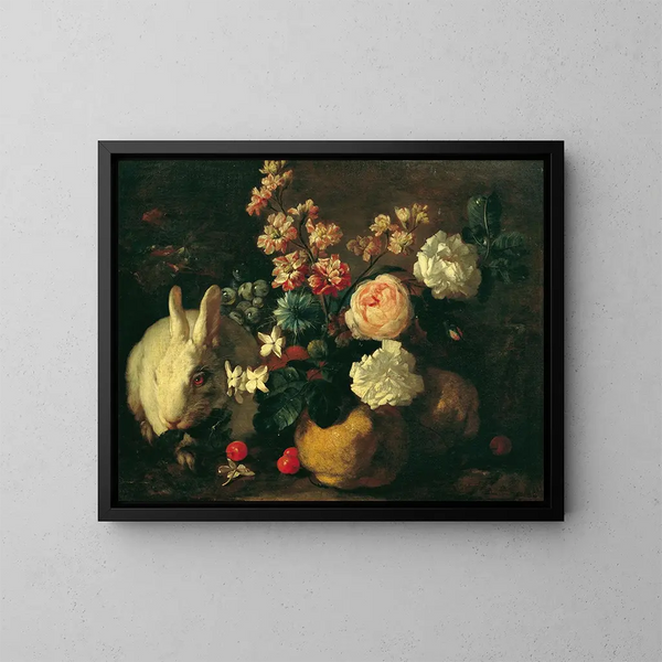 stilleben med kanin, blommor och frukter - Franz Werner von Tamm — inramlat konstverk på väggen