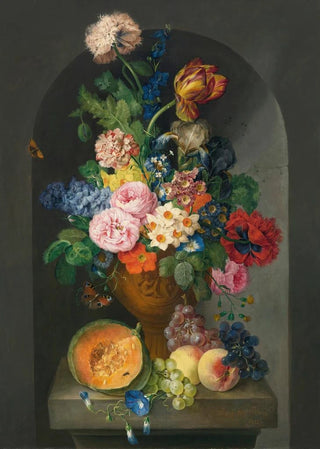 Franz Xaver Petter - A Bronze Urn Of Flowers With A Melon Peaches And Grapes A Butterfly And A Caterpillar.webp