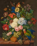 Viburnum oculus roses plumbago primula auricula hemerocallis campanula chinodoxia et epiphyllum sur un rebord avec un ananas et un perroquet - Franz Xaver Petter — vy av konstverket