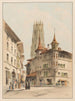 Fribourg Schweiz Tour St Nicolas mellan de stora gatan - Frédéric François d'Andiran — vy av konstverket