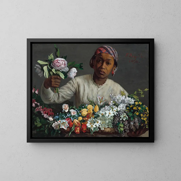 ung kvinna med pioner - Frédéric Bazille — inramlat konstverk på väggen