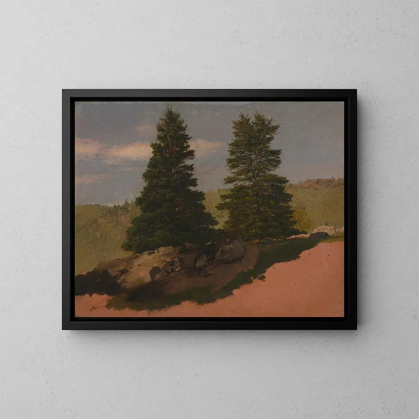 Landskap av New England med två tallar - Frederic Edwin Church — inramlat konstverk på väggen