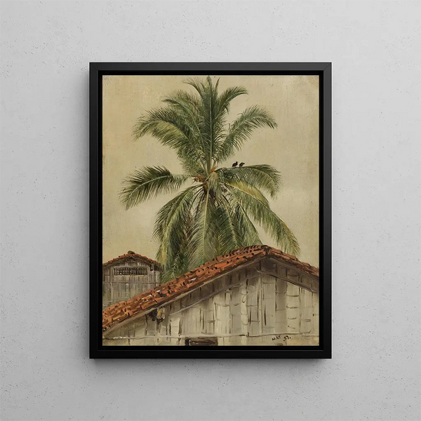 Palmlundar och husens tak i Ecuador - Frederic Edwin Church — inramlat konstverk på väggen