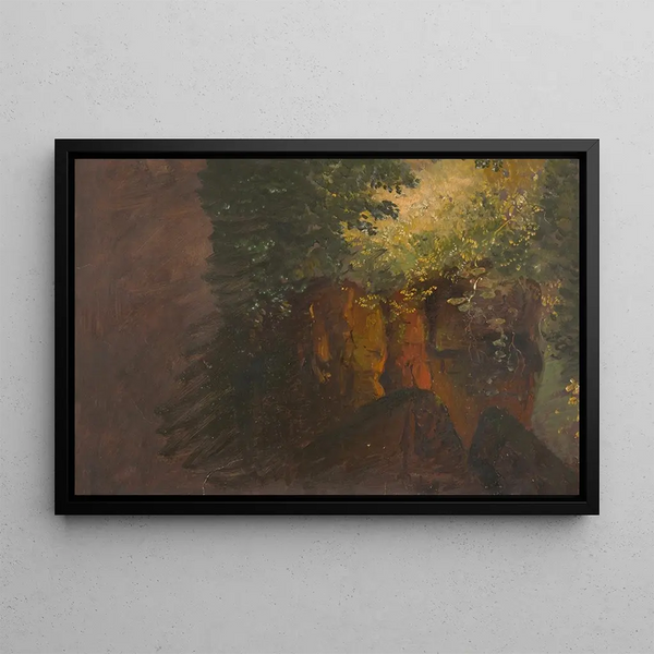 Scen i skog med klippor - Frederic Edwin Church — inramlat konstverk på väggen