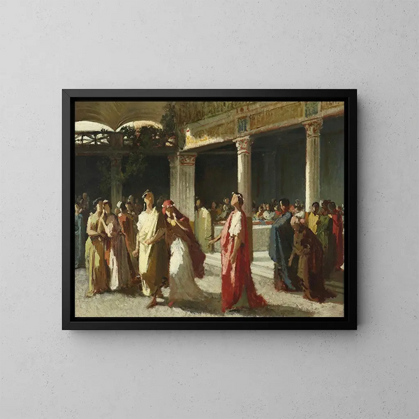 Dramatisk scen i en gård - Frederic Leighton — inramlat konstverk på väggen