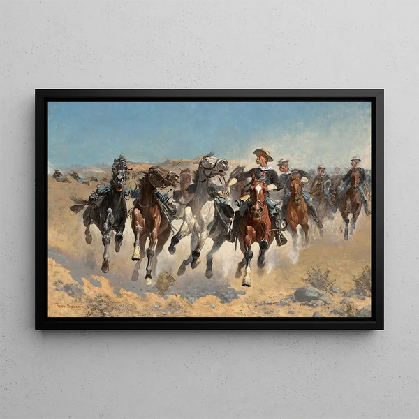 Démontés, les quatrièmes cavaliers déplaçant les chevaux menés - Frederic Remington — inramlat konstverk på väggen