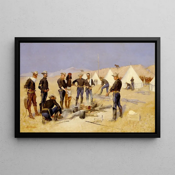 Rosta julens ox i en kavalleriläger - Frederic Remington — inramlat konstverk på väggen