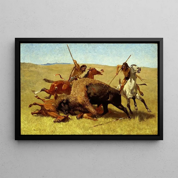La chasse au bison - Frederic Remington — inramlat konstverk på väggen