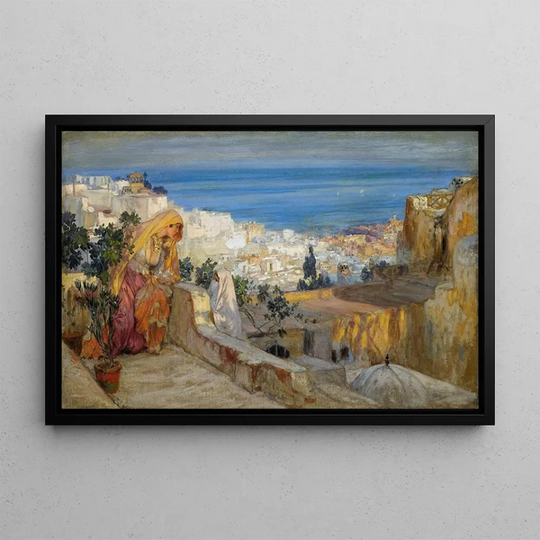 arabiska kvinnor på ett tak med Alger i fjärran - Frederick Arthur Bridgman — inramlat konstverk på väggen