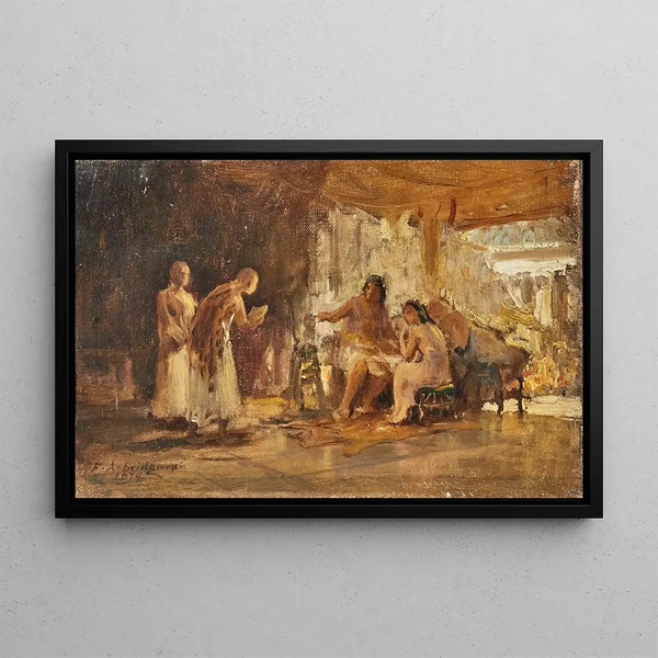 Studie av en grupp i ett interiör - Frederick Arthur Bridgman — inramlat konstverk på väggen