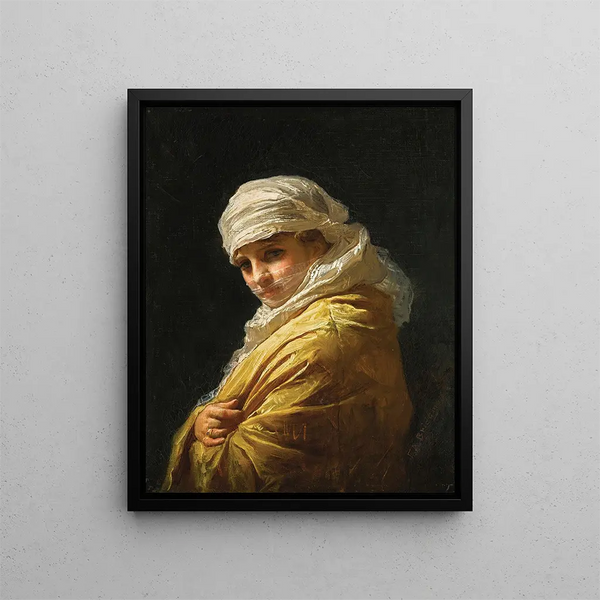 Ung kvinna med vit turban - Frederick Arthur Bridgman — inramlat konstverk på väggen