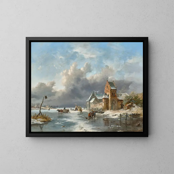 vinterlandskap med figurer på en frusen flod - Frederik Marinus Kruseman — inramlat konstverk på väggen