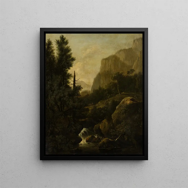 Frederik de Moucheron - Mountain Landscape with Deer Hunt at a Waterfall.webp