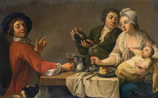 French School - Two Young Men And A Woman Holding A Child Seated At A Table Drinking Wine.webp